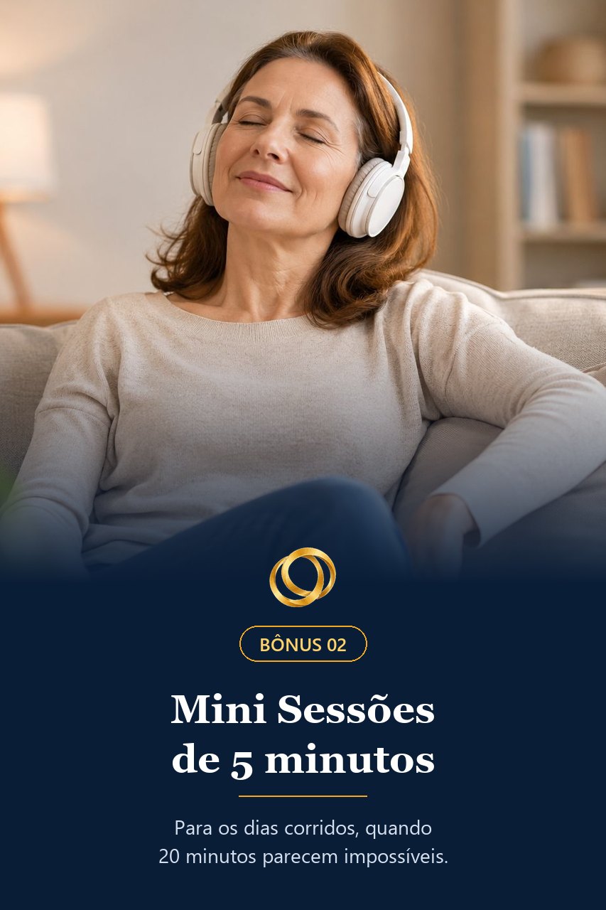 Mulher ouvindo uma mini sessão de fone, de olhos fechados