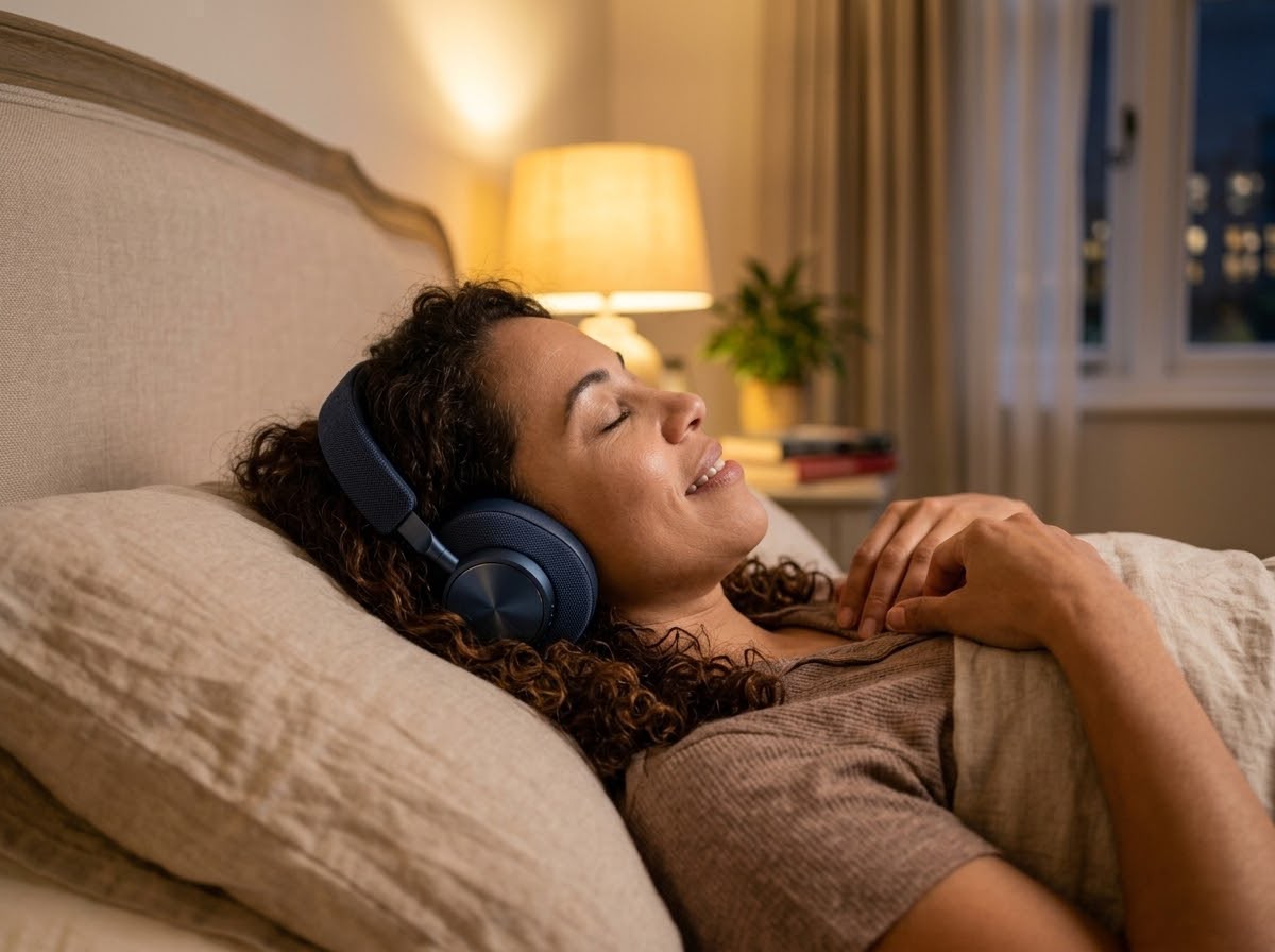 Mulher deitada ouvindo de fone, antes de dormir